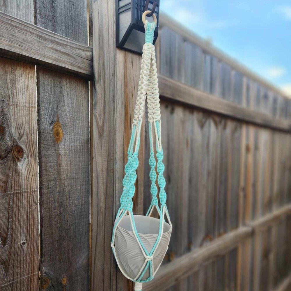 Handmade Homemade Macrame Plant Hanger in Teal and Natural w/ Planter